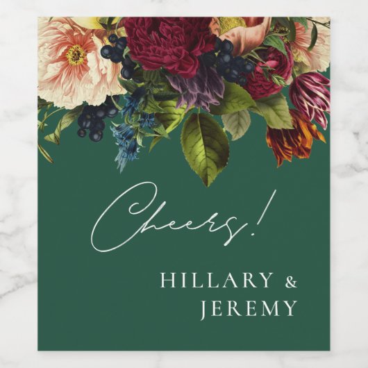 Cheers! Moody Floral Wedding Emerald Wijn Etiket (Enkel label)