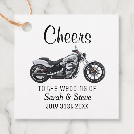 Cheers Motorcycle Wedding Date Bride Groom Bedankjes Labels (Voorkant)