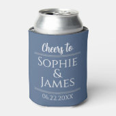 Cheers Mr & Mrs Dusty Blue Wedding Favor Blikjeskoeler (Blikje Voorkant)