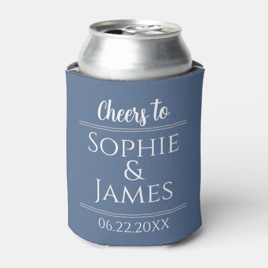 Cheers Mr & Mrs Dusty Blue Wedding Favor Blikjeskoeler (Blikje Voorkant)