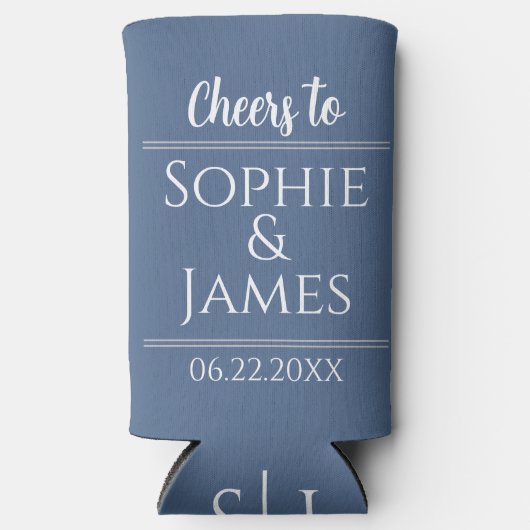 Cheers Mr & Mrs Dusty Blue Wedding Favor Seltzer Blikjeskoeler (Voorkant)