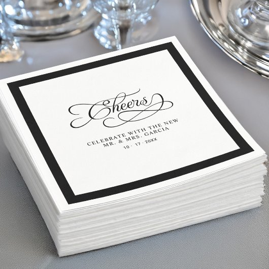 Cheers Mr & Mrs Wedding Kalligrafie Border Zwart Servet