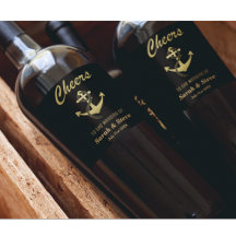 Cheers Nautical Wedding Gold en Black Wine Labels