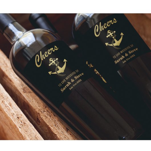 Cheers Nautical Wedding Gold en Black Wine Labels Wijn Etiket
