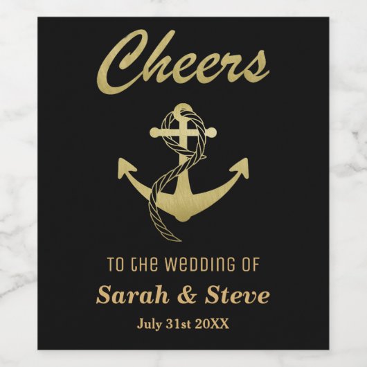 Cheers Nautical Wedding Gold en Black Wine Labels Wijn Etiket (Enkel label)