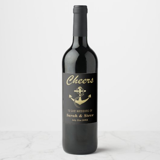 Cheers Nautical Wedding Gold en Black Wine Labels Wijn Etiket (Voorkant)