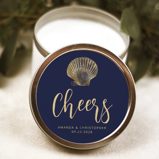 Cheers Navy Blauw Goud Kust Strand Wedding Ronde Sticker