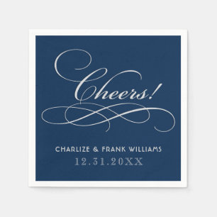Cheers Navy Blauw Zilver Kalligrafie Custom Weddin Servetten