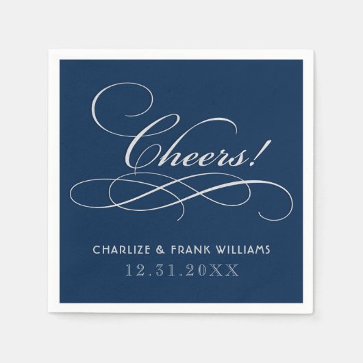 Cheers Navy Blauw Zilver Kalligrafie Custom Weddin Servetten (Voorkant)
