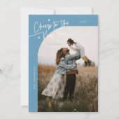 Cheers New Year Denim Blue Curved Frame Photo Feestdagenkaart (Voorkant)