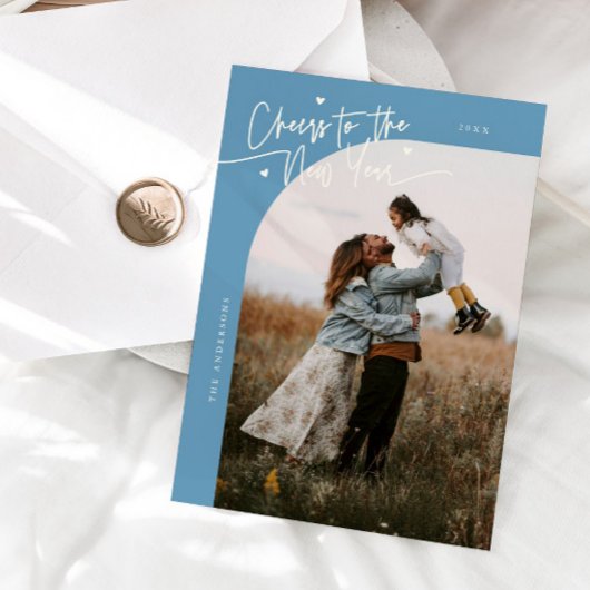 Cheers New Year Denim Blue Curved Frame Photo Feestdagenkaart