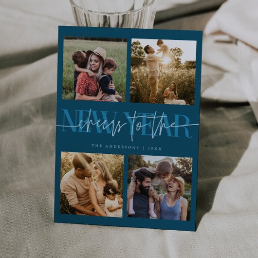 CHEERS New Year Teal Photo Grid Feestdagenkaart
