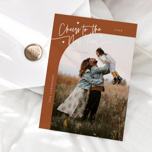 Cheers New Year Terracotta Curved Frame Photo Feestdagenkaart