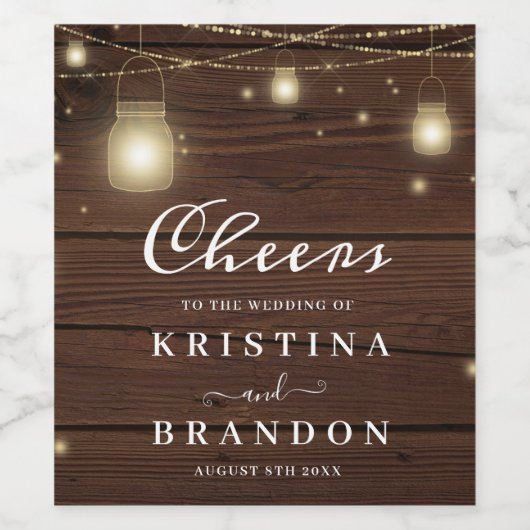 Cheers op de bruiloft Rustic Wood String Lights Wijn Etiket (Enkel label)