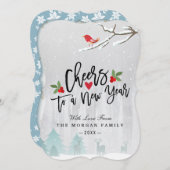 Cheers op de sneeuwscène van het Nieuwjaarsscript Feestdagenkaart (Voorkant / Achterkant)