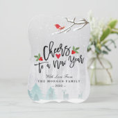 Cheers op de sneeuwscène van het Nieuwjaarsscript Feestdagenkaart (Staand voorkant)