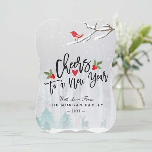 Cheers op de sneeuwscène van het Nieuwjaarsscript Feestdagenkaart (Staand voorkant)