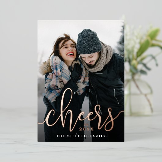 Cheers op de Verticale Foto van het Nieuwjaar Folie Feestdagenkaart (Staand Voorkant)