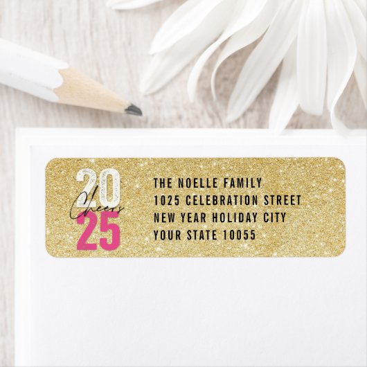 Cheers Pink 2025 Glitter Nieuwjaar Retouradres Etiket (Insitu)