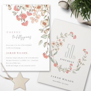Cheers Pink Flowers Wreath 50th Birthday Invite Bedankkaart