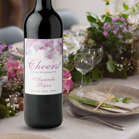 Cheers Pink Orchid Waterverf Flower Wedding Wijn Etiket