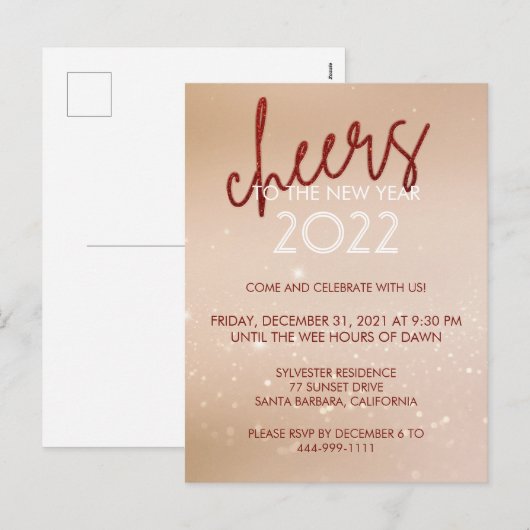 Cheers Red Glitter - Uitnodiging nieuwjaarsfeest (Voorkant / Achterkant)