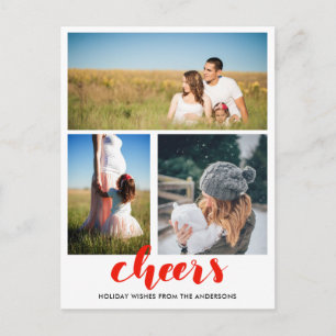 Cheers Red Handwrited Holiday Script Drie Foto's Feestdagenkaart