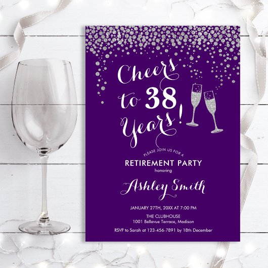 Cheers Retirement Party Invitation Paars Silver Kaart