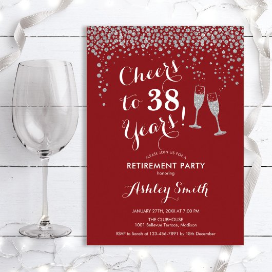 Cheers Retirement Party Invitation Red Silver Kaart
