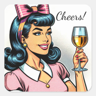 Cheers! Retro Lady met glas wijn Vierkante Sticker
