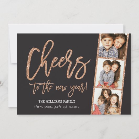 Cheers Roos Gold Glitter 3-Photo Filmstrip Holiday Feestdagenkaart (Voorkant)