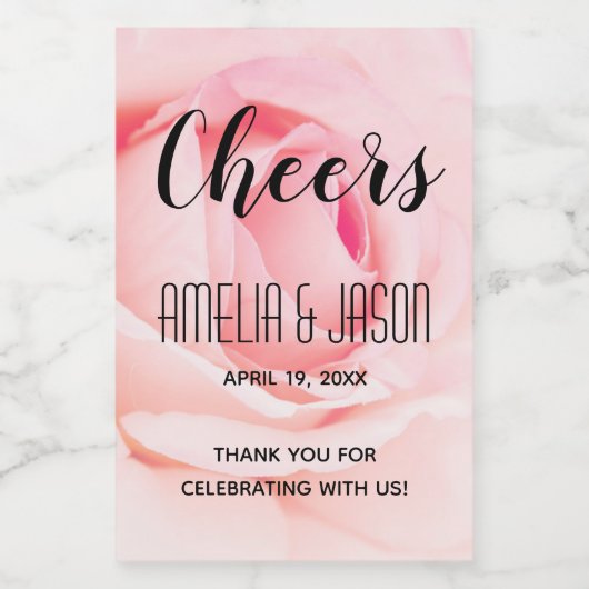Cheers | Roze Bloeiende Roos Bloemen Bruiloft Mini Wijn Etiket (Enkel label)