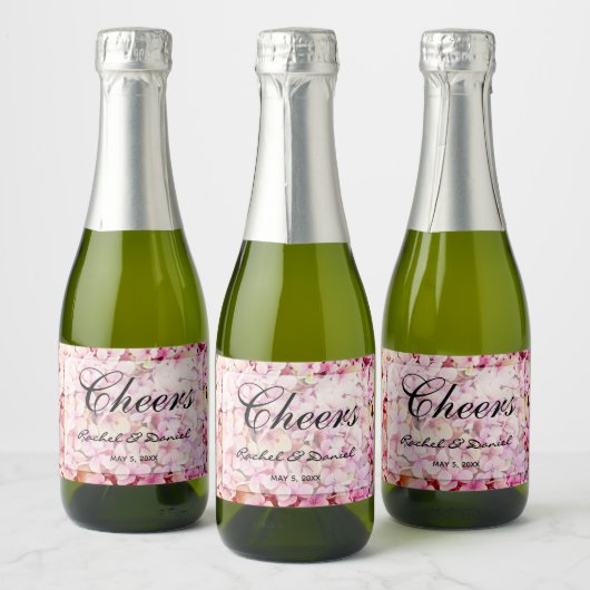 Cheers | Roze Hydrangeas Bloemen Botanische Mini Sparkling Wijnetiket (Flessen)