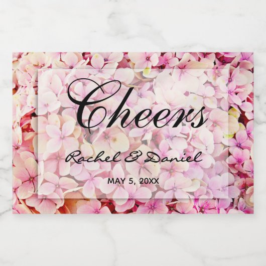 Cheers | Roze Hydrangeas Bloemen Botanische Mini Sparkling Wijnetiket (Enkel label)