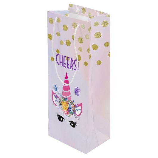 Cheers! Roze Unicorm met Faux Gold Confetti Wijn Cadeautas (Achterkant Gekanteld)