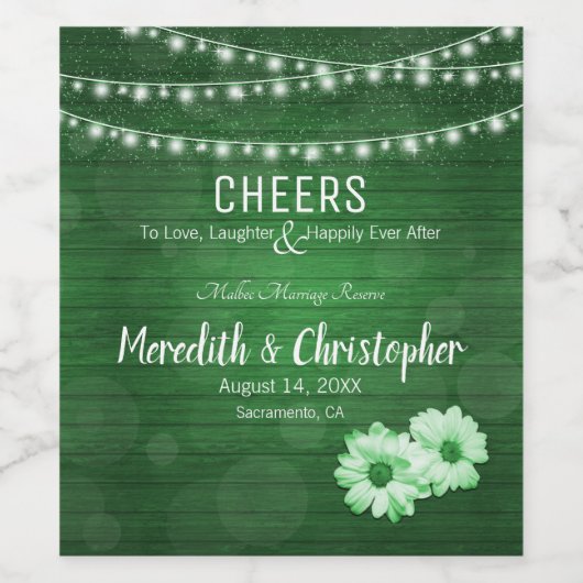 Cheers Rustic Green Flowers String Lights Wedding Wijn Etiket (Enkel label)