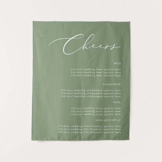 Cheers Sage Green Wedding Drink Fabric Sign Wandkleed (Voorkant)
