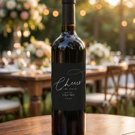Cheers Script Typography Black Wedding Wijn Etiket