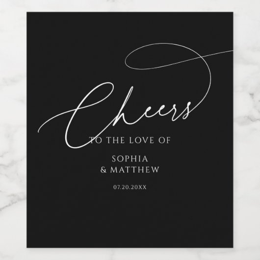 Cheers Script Typography Black Wedding Wijn Etiket (Enkel label)