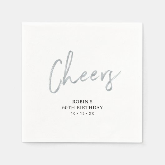 Cheers Silver Brush Script Adult Birthday Party Servet (Voorkant)