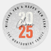 Cheers Sinaasappel 2025 Silver Glitter Nieuwjaar V Ronde Sticker (Voorkant)