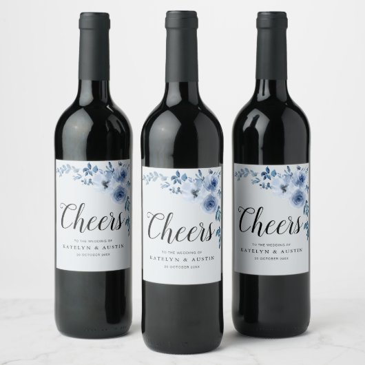 CHEERS | stoffige blauwe bloemenbruiloft Wijn Etiket (Flessen)
