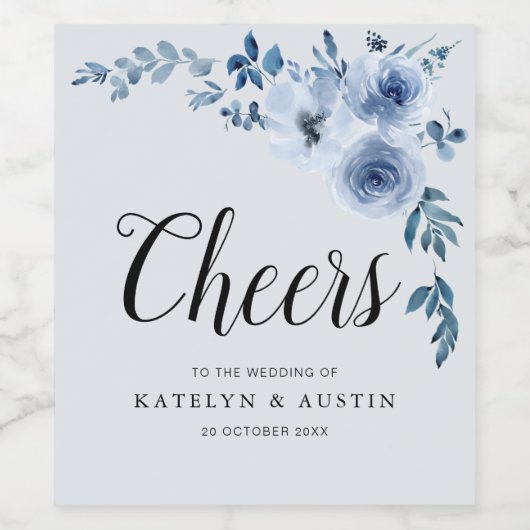 CHEERS | stoffige blauwe bloemenbruiloft Wijn Etiket (Enkel label)