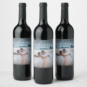 Cheers Stylish White Script Photo Wedding Wijn Etiket