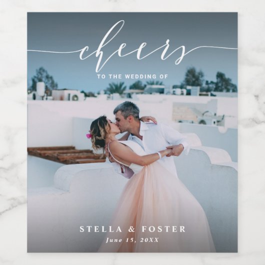 Cheers Stylish White Script Photo Wedding Wijn Etiket (Enkel label)