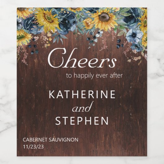 Cheers Sunflower Wood Rustic Wedding Wijn Etiket (Enkel label)