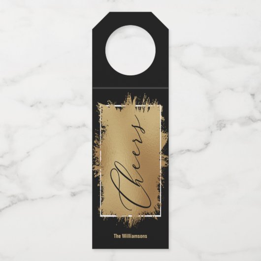 CHEERS Text Gold Foil op zwart Flessenhanger (Voorkant)