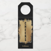 CHEERS Text Gold Foil op zwart Flessenhanger (Voorkant)