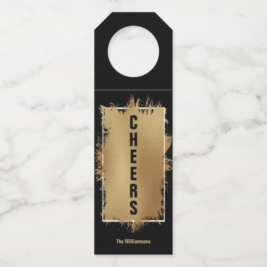 CHEERS Text Gold Foil op zwart Flessenhanger (Voorkant)