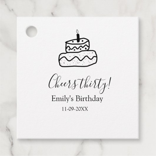 Cheers thirty birthday cake black scribble hand bedankjes labels (Voorkant)